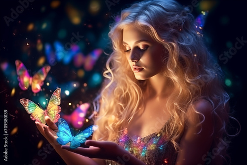 A mystical scene of a woman surrounded by colorful, glowing butterflies in a dark, enchanted forest setting, evoking a sense of magic and wonder