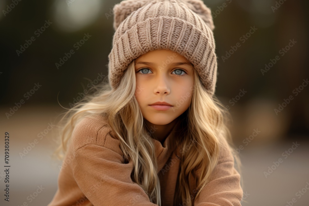 Portrait of a cute little girl in a brown coat and a knitted hat. Portrait of a cute little girl in a brown coat and a knitted hat.