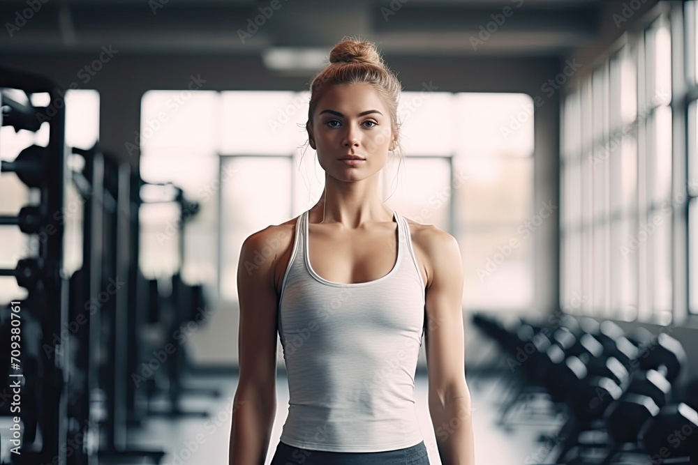 A woman in a white tank top stands in a gym - obrazy, fototapety, plakaty 