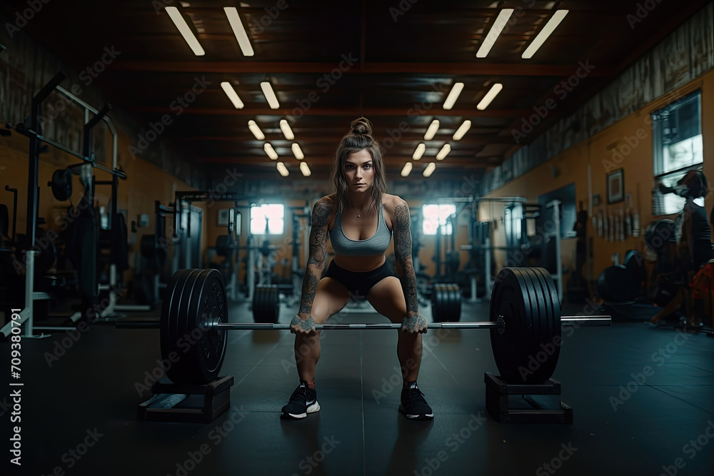 A woman squatting down holding a barbell in a gym A woman squatting down holding a barbell in a gym