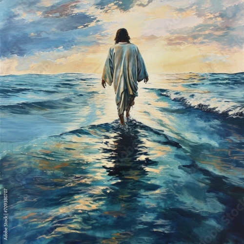 In this iconic image, Jesus Christ defies the natural order, gracefully walking on the water's surface, radiating divinity and showcasing a profound manifestation of spiritual power and faith.