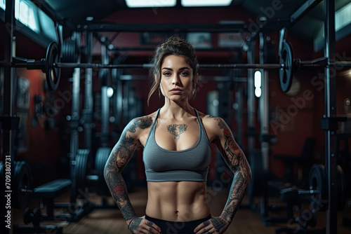 A woman with tattoos on her arms and chest stands in a gym