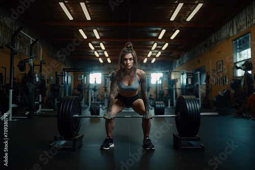 A woman squatting down holding a barbell in a gym