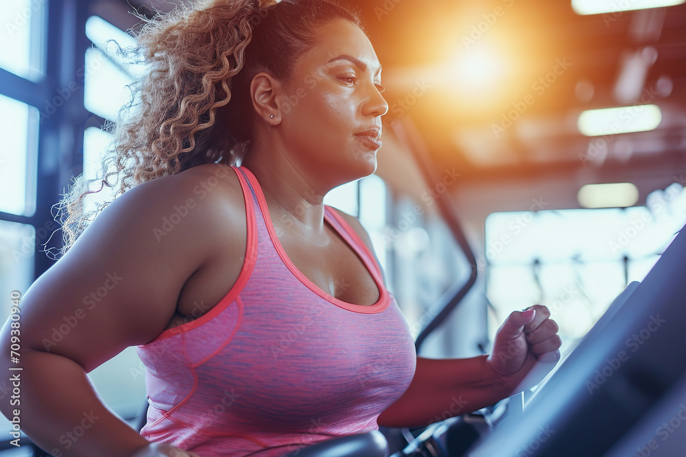 Plus Size Hispanic woman running on treadmill in gym