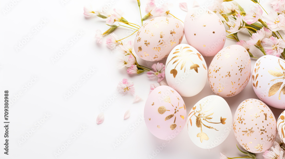 Easter, white and pink eggs with gold foil decoration and hipster pattern on white background, copy space