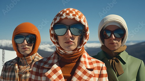 Eccentric and quirky friends dressed n warm winter clothes - cold - freezing - snow - offbeat style - offbeat fashion - meticulously centered - extreme blue skies- retro vintage style 