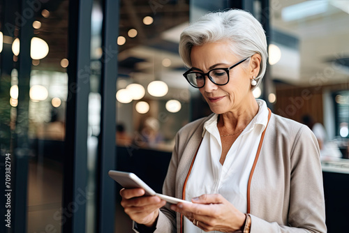 A woman wearing glasses is looking at her phone