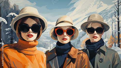Eccentric and quirky group of women dressed n warm winter clothes - cold - freezing - snow - offbeat style - offbeat fashion - meticulously centered - extreme blue skies 