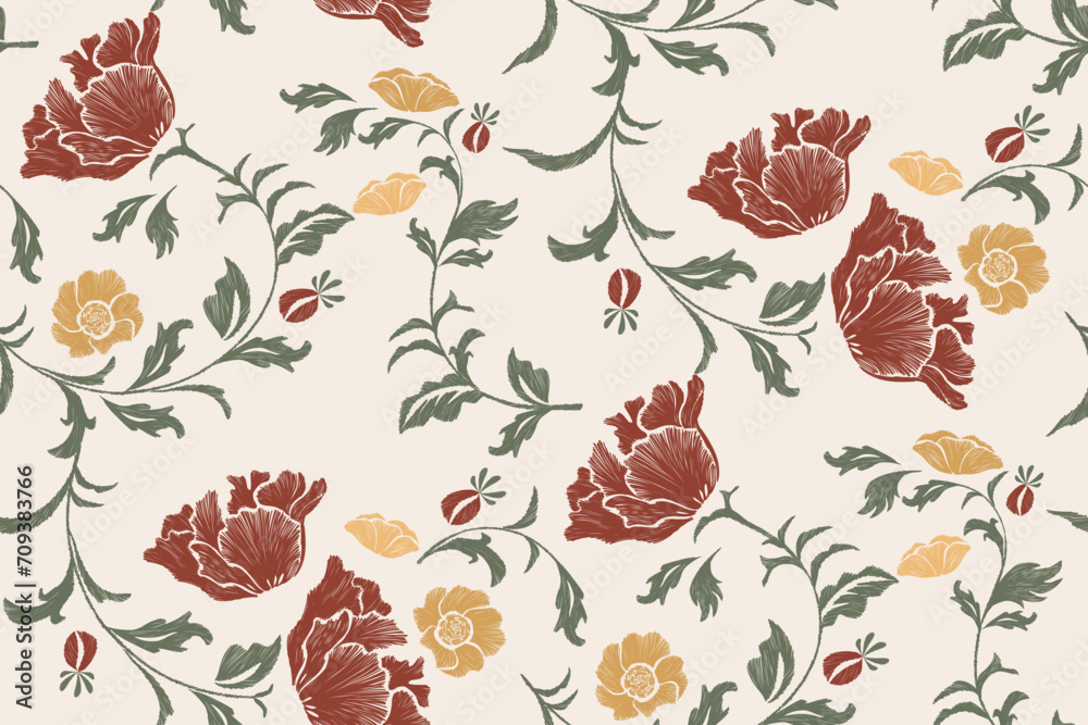 Ethnic rose floral pattern red flower motif embroidery vintage retro design Ink texture vector illustration hand drawn. Yellow gold on white background design for fabric textile