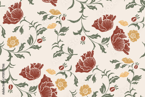 Ethnic rose floral pattern red flower motif embroidery vintage retro design Ink texture vector illustration hand drawn. Yellow gold on white background design for fabric textile