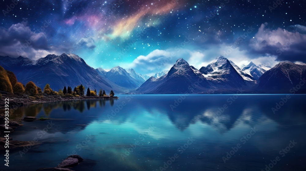 View of the calm lake water at night, between the snow-capped peaks of the rocky mountains, with the view of the aurora lights in the clear sky.