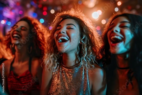 Friends, young party girls, laugh out loud during a dance in a nightclub.