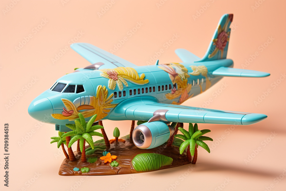 Naklejka premium Plastic toy airplane with palm trees and flowers on a pink background