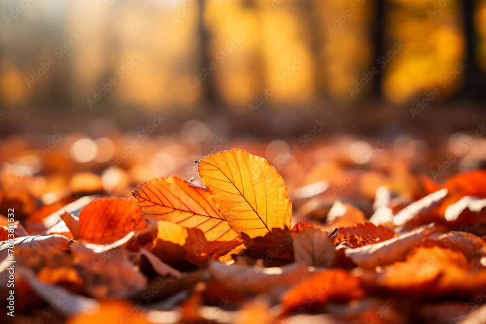  A close-up shot of a forest floor covered with colorful autumn leaves