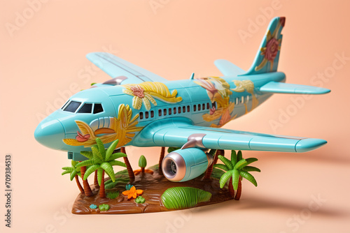 Plastic toy airplane with palm trees and flowers on a pink background photo
