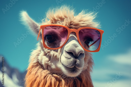 Cute alpaca wearing sunglasses on the background of blue sky