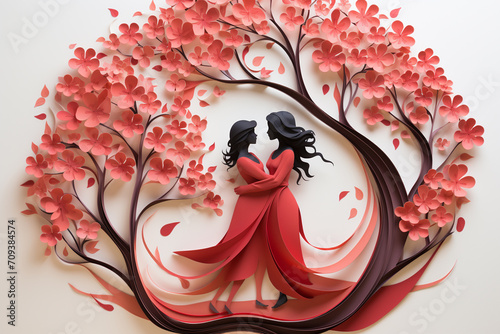 Valentine's day background with couple in love on tree. photo