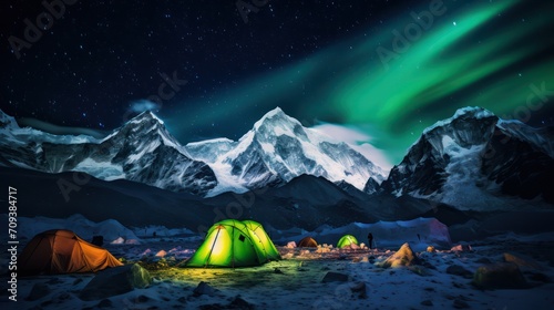 View of climbers staying in tents at a campsite at night, with a backdrop of rocky mountains with snowy peaks, with a beautiful view of the green aurora light in the night sky.