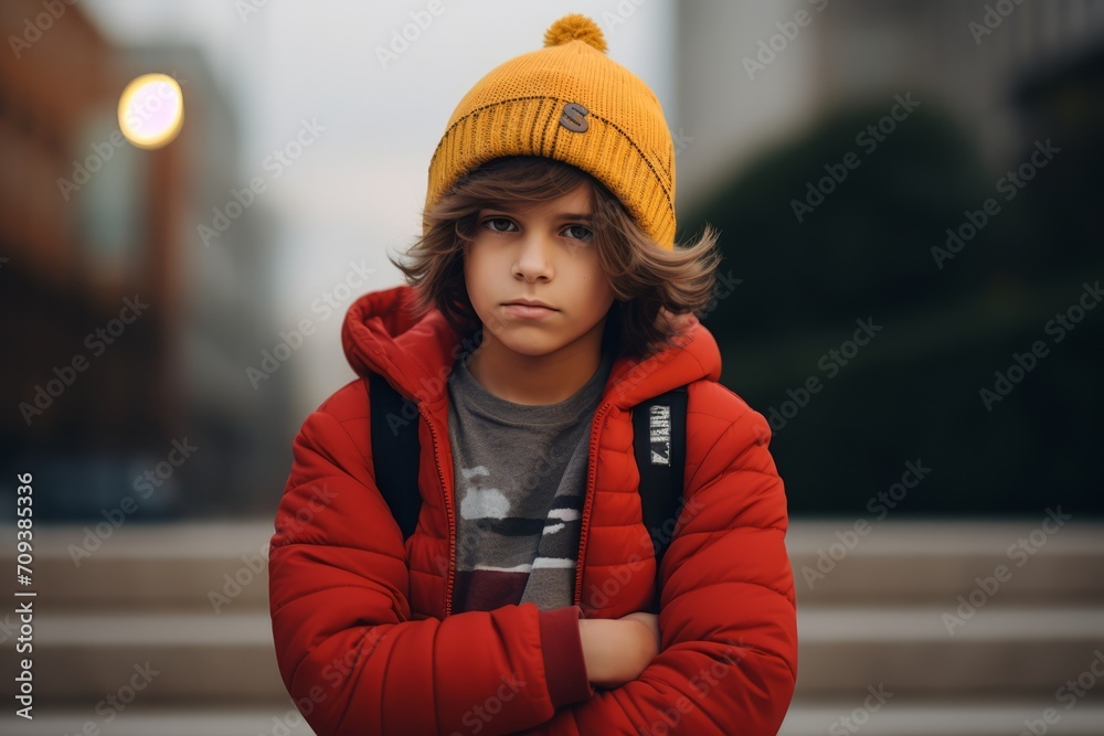 Portrait of a boy in a red jacket and a yellow hat on the street Portrait of a boy in a red jacket and a yellow hat on the street