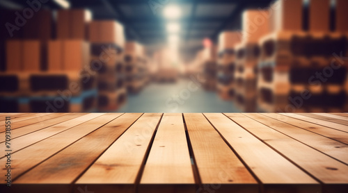 The empty wooden table top with blur background of warehouse storage