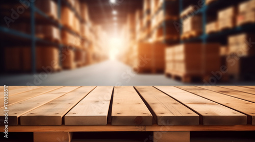The empty wooden table top with blur background of warehouse storage