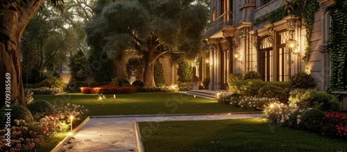 Evening garden in mansion with flowerbed, lawn, marble walkway, and warm lighting.