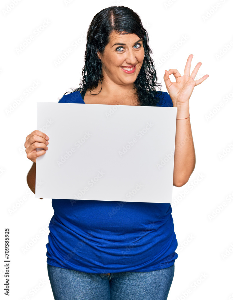 Plus size brunette woman holding blank empty banner stressed and frustrated with hand on head, surprised and angry face Plus size brunette woman holding blank empty banner stressed and frustrated with hand on head, surprised and angry face
