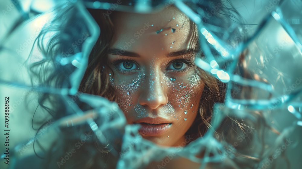 Woman looking through a shattered glass ceiling. Woman looking through a shattered glass ceiling.