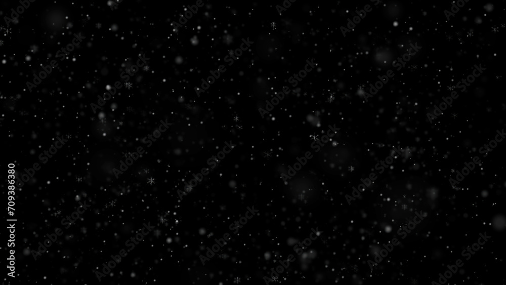 Falling white snow. Snowflakes on overlay black background