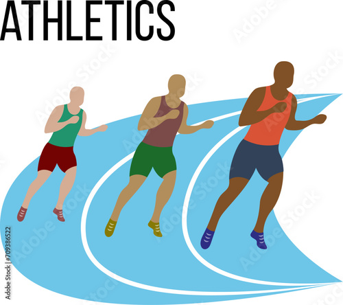 Three runners of different ethnicities competing on a race track.