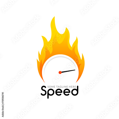 Speedometer Logo with Flame Design. Fast fire speedometer design measurement