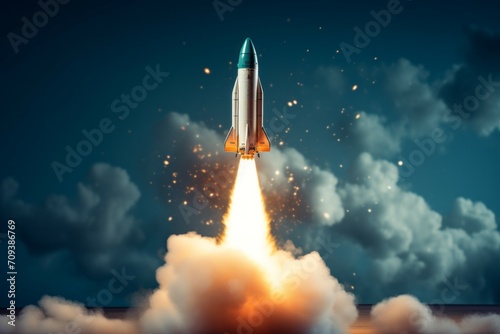 Rocket launch. Background with selective focus and copy space