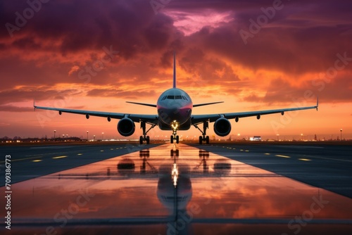 Passenger plane at the airport on the runway. Background with selective focus and copy space