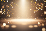 Creative sparkling dance floor stage, empty podium, dark golden background with lights, glittering confetti and bokeh