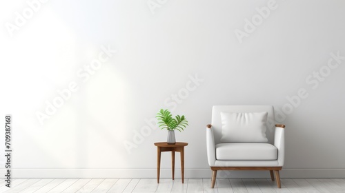 Minimalist sofa chair  inside a minimalist modern Scandinavian house interior  with white wall background and interior potted plant decoration.