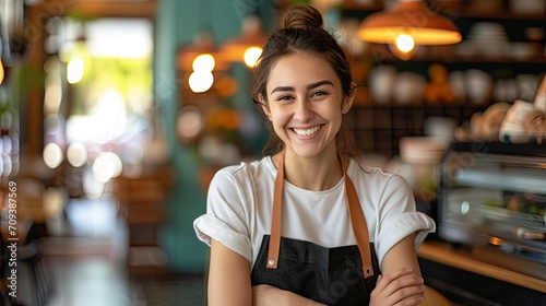 girl entrepreneur cafe employee posing in restaurant coffee shop interior, portrait