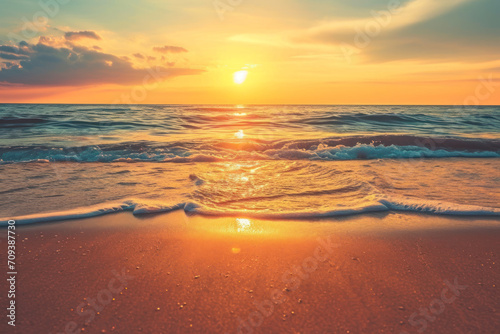 Fototapeta Naklejka Na Ścianę i Meble -  An image of a vibrant sunset over a serene lake, with colorful reflections shimmering on the water