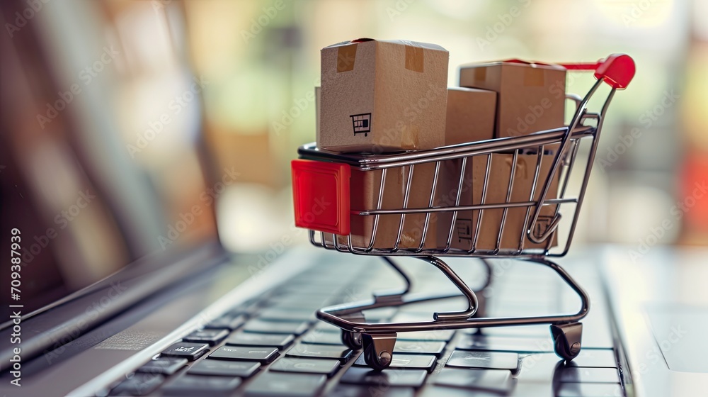 Paper boxes in a shopping cart on a laptop keyboard. Ideas about e-commerce, Paper boxes in a shopping cart on a laptop keyboard. Ideas about e-commerce,