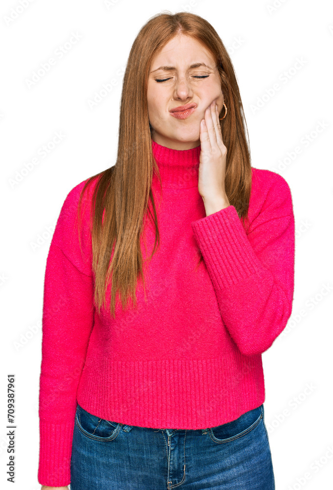 Young irish woman wearing casual clothes touching mouth with hand with painful expression because of toothache or dental illness on teeth. dentist Young irish woman wearing casual clothes touching mouth with hand with painful expression because of toothache or dental illness on teeth. dentist
