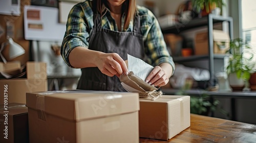 Starting small businesses SME owners female entrepreneurs Write the address on receipt box and check online orders to prepare to pack the boxes, sell to customers, sme business ideas online