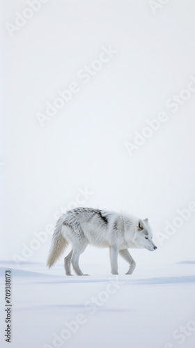 White Arctic fox in winter pelage in its natural habitat in the tundra