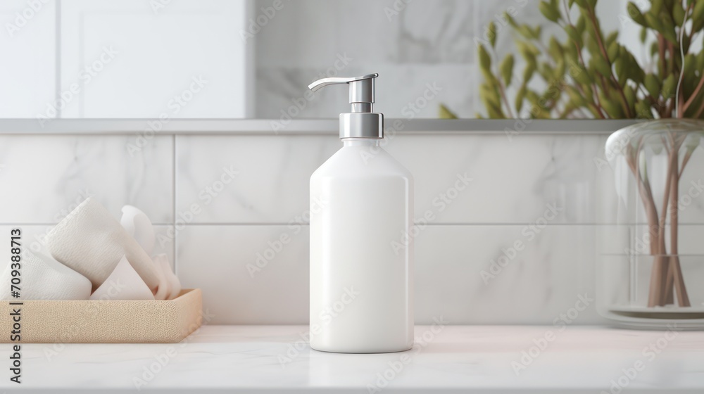 3D rendering of liquid soap packaging bottles in a modern clean bathroom, without labels for mock up template purposes.