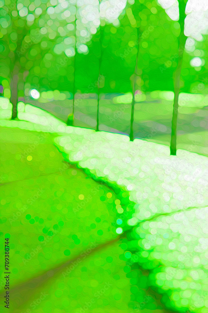Summer Tree Lined Paths in Bright Neon or Lime Green, Yellow, Brown, Gray (filtered photo) Art, Artwork, Design, Illustration