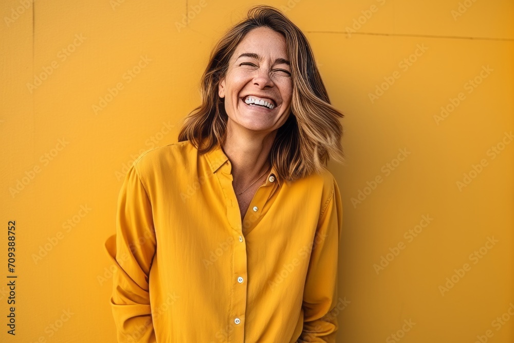 Portrait of a happy young woman laughing against a yellow wall. Portrait of a happy young woman laughing against a yellow wall.