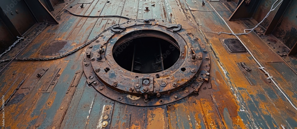 Bulk carrier's manhole on main deck between cargo holds.