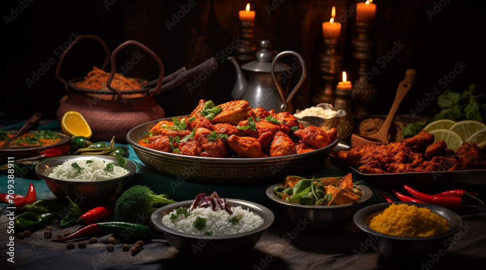 indian food feast with chicken tikka masala curry, tandoori chicken and appetizers