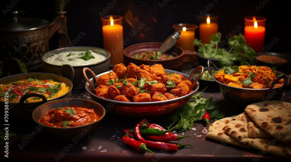 indian food feast with chicken tikka masala curry, tandoori chicken and appetizers indian food feast with chicken tikka masala curry, tandoori chicken and appetizers