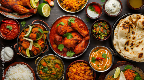 indian food feast with chicken tikka masala curry, tandoori chicken and appetizers