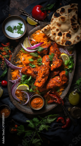 indian food feast with chicken tikka masala curry, tandoori chicken and appetizers