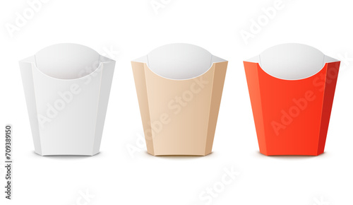 Fry potato package container box. French fries food takeaway design vector paper template cardboard isolated product.